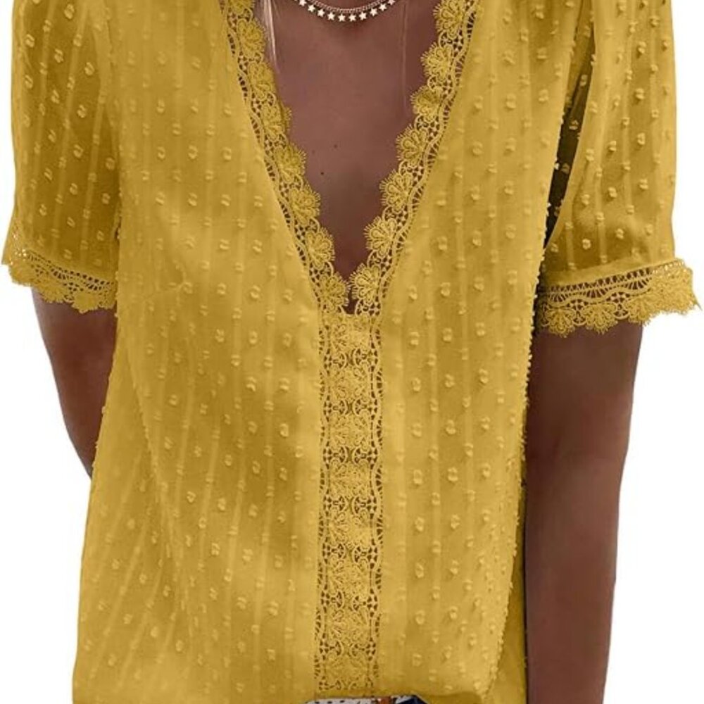 FARYSAYS Womens Summer Lace Tops Short Sleeve V Neck Polka Dot Blouses Shirts XL